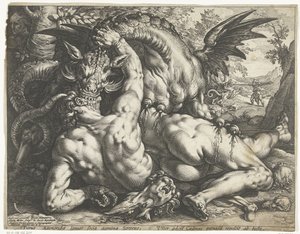Kamrater till Cadmus slukade av en drake av Hendrick Goltzius