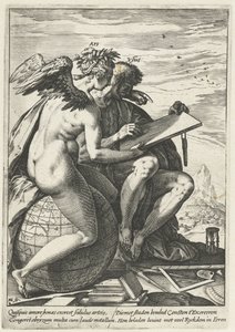 Träning och konst (Ars/Usus) Belöningen för arbete, flit, praktik och konst (serietitel) av Hendrick Goltzius