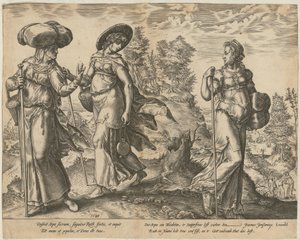 Orpa lämnar Rut och Naomi [sida 1] och Rut framför Boas på åkern [sida 2], sidorna 1 och 2 i serien ”Ruts historia” av Hendrick Goltzius