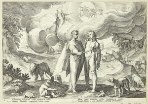 Prometheus skapar människan och ger henne liv med eld från himlen av Hendrick Goltzius