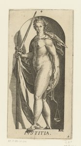 Rättvisa Iustitia (titel på objekt) De sju dygderna (serietitel) av Hendrick Goltzius