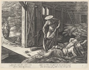 Rut och Boas i spannmålsmagasinet The History of Ruth (serietitel) av Hendrick Goltzius