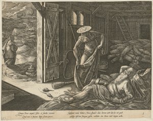 Rut och Boas i ladan, bild 3 i serien ”Ruts historia” av Hendrick Goltzius