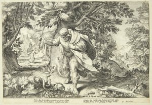 Teiresias slår två parande ormar med sin stav av Hendrick Goltzius