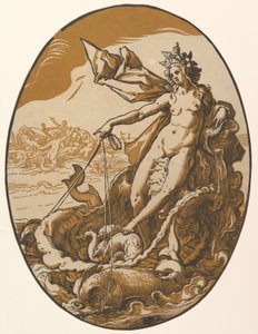 Tethys vilande i en jättelik snäckvagn dragen av två havsvarelser, ur "Gudomligheterna" av Hendrick Goltzius