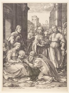 Magiernas tillbedjan, från Kristi födelse och tidiga liv av Hendrick Goltzius