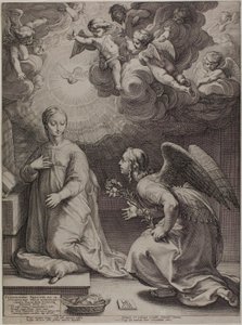 Bebådelsen, tavla ett från The Birth and Early Life of Christ av Hendrick Goltzius