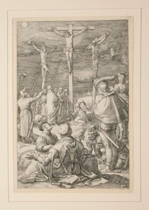 The Crucifixion (Kristus på korset), från The Passion, #10 i en serie av 12 gravyrer av Hendrick Goltzius