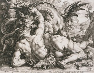 Draken som slukar Kadmos följeslagare av Hendrick Goltzius