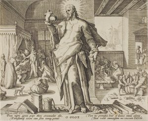 Läkaren betraktad som Gud, tavla en från Allegories of the Medical Profession. av Hendrick Goltzius