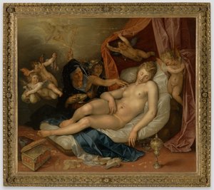 Den sovande Danaë förbereds för Jupiter av Hendrick Goltzius