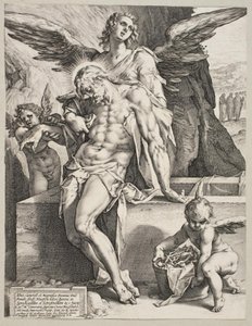 Kristi kropp stödd av en ängel av Hendrick Goltzius