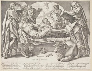Den döde Kristus och de fyra evangelisten av Hendrick Goltzius