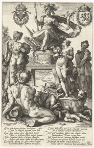 Titeltryck för tryckserien De romerska hjältarna Roma (titel på objekt) The Roman Heroes (serietitel) av Hendrick Goltzius