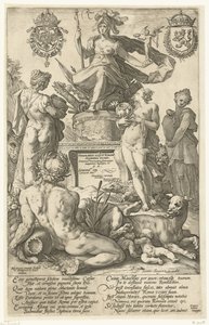 Titeltryck för tryckserien De romerska hjältarna Roma (titel på objekt) The Roman Heroes (serietitel) av Hendrick Goltzius