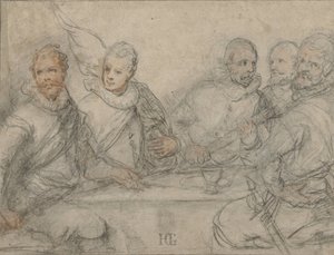 Fem officerare, studera för en beväpnad mäns måltid. av Hendrick Goltzius