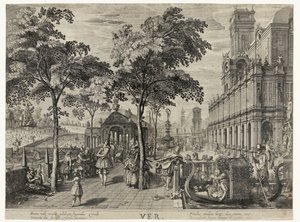 hoppa Spring, ett sällskap på ett slott Ver (titel på objekt) The Four Seasons (serietitel) av Hendrick Hondius (I)