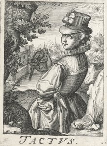 Känsla (Tactus), en kvinna med en fågel Tactus (titel på objekt) De fem sinnena (serietitel) av Hendrick Hondius (rejected attribution)