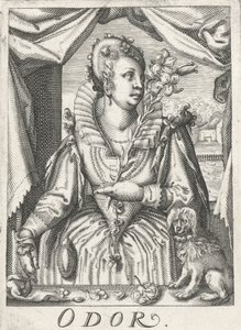Lukt (Oft), en kvinna med en blomgren Lukt (titel på objekt) De fem sinnena (serietitel) av Hendrick Hondius (rejected attribution)