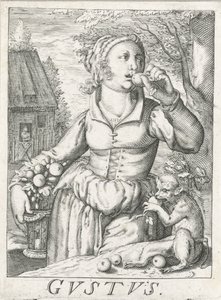 Smak (Gustus), en kvinna med frukt Gustus (titel på objekt) De fem sinnena (serietitel) av Hendrick Hondius (rejected attribution)