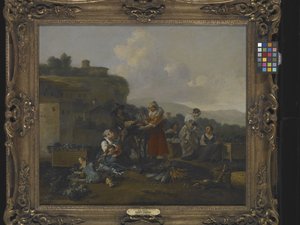 En grönsaksmarknad i Italien med figurer (olja på duk)