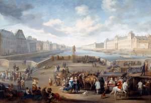 Bro över Seine detalj av utsikten över Paris med Louvren från Henri IV. Målning av Hendricks Mommers (1623-1693) Ec. Hol.