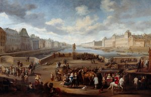 Utsikt över Paris med Louvren, tagen från Henri IV-bron (Actuel Pont Neuf). Målning av Hendricks Mommers (1623-1693)