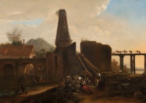 Resenärer i vila vid sidan av klassiska ruiner, 1663 olja på duk