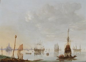 Sjöfart i en vik i ett lugn, en stad i fjärran av Hendrick de (manner of) Meyer