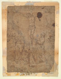 Kristus på korset mellan Jungfrun och St. Johannes med scener av passionen i bakgrunden av Hendrick de Clerck