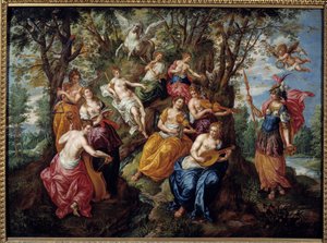 Besök av Minerva vid Muses Målning av Hendrick de Clerk (1570-1629) (ec.flam.) Chalons Sur Marne från 1600-talet. Museum of Fine Arts av Hendrick de Clerk