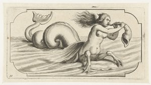 En kvinnlig figur blåser på ett skal Nouveau Livre des Dieux et Deeßes De la Marine Bouckje of Sea Gods and Goddesses (serietitel)
