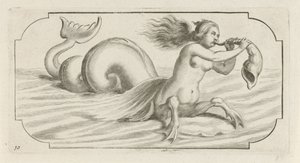 Kvinnlig figur blåser på ett skal Nouveau Livre des Dieux et Deeßes De la Marine Bouckje of Sea Gods and Goddesses (serietitel)