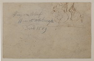 Anteckning av senare hand. Skiss över en hukande figur och en uppfödande häst, ?, 1500-tal av Hendrick van Cleve