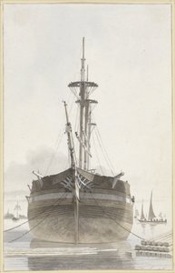 Segelfartyg sett framifrån i en timmerhamn