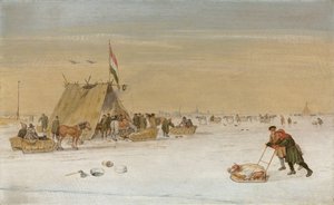 Ett vinterlandskap med figurer på isen vid ett koek-en-zopie-tält