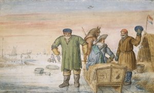 Två gamla män bredvid en släde som bär Amsterdams och Utrechts vapen, 1620-33