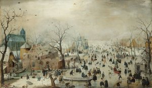 Vinterlandskap med skridskoåkare. c.1608 (olja på panel)