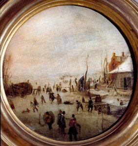 Vinterlandskap med skridskoåkare och hockeyspelare Målning av Hendrick Avercamp (1585-1634) Diameter 25 cm Musei di Strada Nuova (ex Palazzo Rosso) Genes Italien