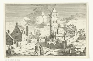 Byutsikt med hus och torn på en sandväg med figurer av Hendrik Berg