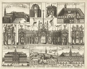 Blad met tien voorsetningen van de intocht van de Kardinaal Infant Ferdinand te Antwerpen, 1635 Exemplar av de mest magnifika platserna och verken i staden Antwerpen (titel på objekt)