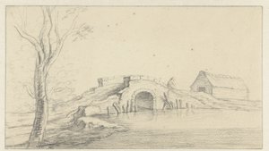 Landskap med fallfärdig stenbro av Hendrik Chalon