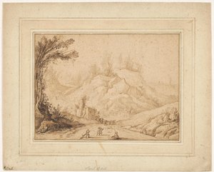 Bergslandskap med figurer på en väg nära ett värdshus av Hendrick Cornelisz. Vroom