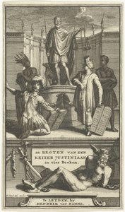 Titelsida för kejsaren Justinianus rättigheter, Leiden, 1705 KEJSAR JUSTINIANUS REGLER i fyra böcker (titel på objekt) av Hendrik Elandt