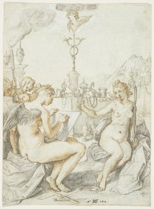 Allegori om konsten att teckna med konstnärens emblem, 1612 (bläck, krita och gouache på papper) av Hendrik Goltzius