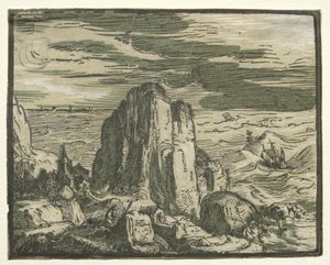 Från en uppsättning av 4 landskap: Cliffon vid havet. av Hendrik Goltzius