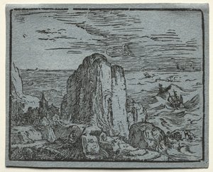 Från en uppsättning av 4 landskap: No.4- Cliff on the Seashore. av Hendrik Goltzius