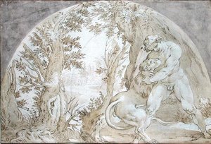 Herkules och det Nemeiska lejonet av Hendrik Goltzius