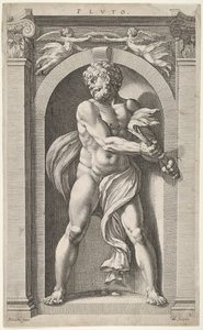 Pluto, a tergo skisser av en figur, fyra huvuden och en kolumn, 1592. av Hendrik Goltzius