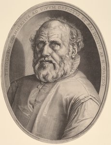 Porträtt av Dirk Volckertcz. hjortar av Hendrik Goltzius